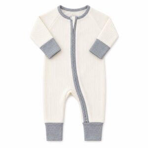 cotton ribbed baby sleepsuit white grey 2 way zip