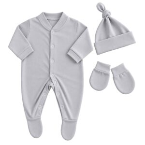 cotton baby layette clothes set with sleepsuit, hat and scratch mitts mittens