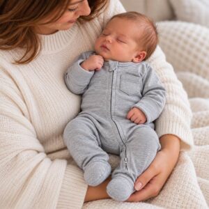 organic cotton baby sleepsuit grey 2 way zip