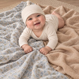 baby wearing organic clothing having tummy time on GOTS organic baby muslins