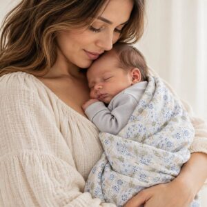 mother holding new baby dressed in soft cotton grey sleepsuit and swaddled in large muslin sheet cloth